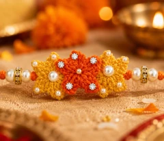 Festive Marigold Tri-Blossom Handcrafted Crochet Rakhi
